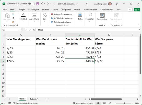 Beispieldaten in einer Excel-Tabelle zeigen das Problem 