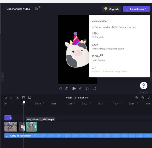 Clipchamp mit Beispiel-Clips und Export-Optionen
