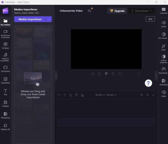 Clipchamp-Screenshot, Projekt starten (Medien importieren) 