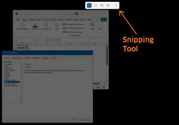 Die kleine Snipping-Tool-Leiste über der im Hintergrund ausgegrauten Excel-Anwendung 