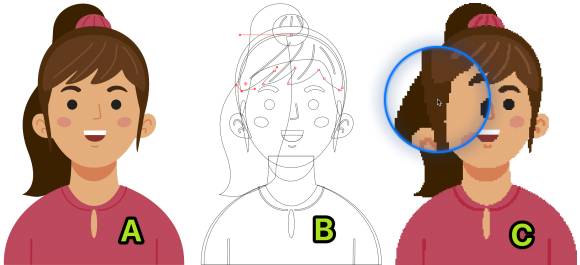 Drei Illustrationen zeigen den Unterschied zwischen vektor- und pixelbasiert