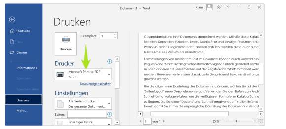 Der Drucken-Dialog in Word