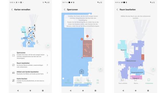Drei App-Screenshots zum Einrichten von Sperrzonen