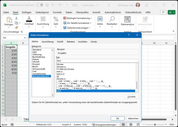 Screenshot benutzerdefiniertes Zellformat im lokal installierten Excel