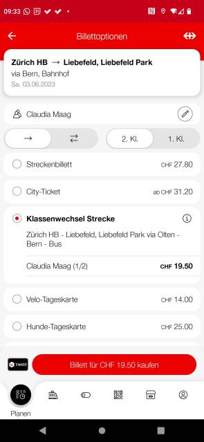 Klassenwechsel in der SBB-Mobile-App