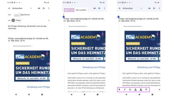 Drei Screenshots aus der mobilen Gmail-Version 