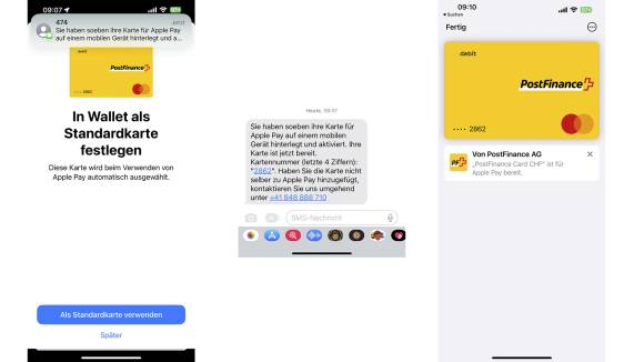 Drei iPhone-Screenshots zeigen das Hinzufügen der Post-Finance-Karte