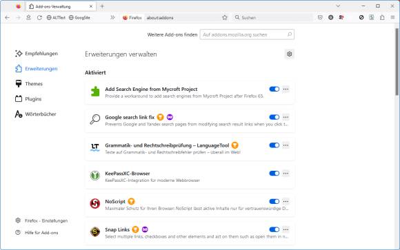 Screenshot zeigt installierte und aktivierte Add-ons