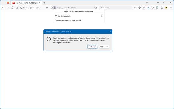Screenshot zeigt Löschen der Webseiten-Daten