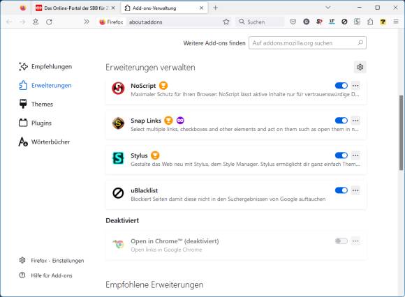 Screenshot zeigt auch deaktivierte Add-ons