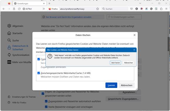 Screenshot zeigt löschen aller Cache- und Cookie-Daten