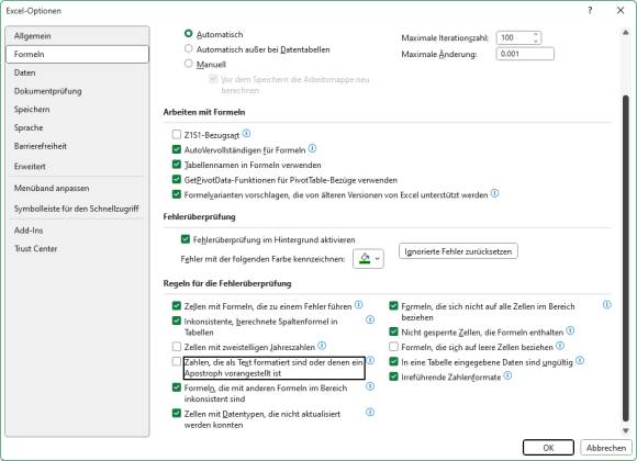 Die Excel-Optionen betreffend Fehlerhinweisen