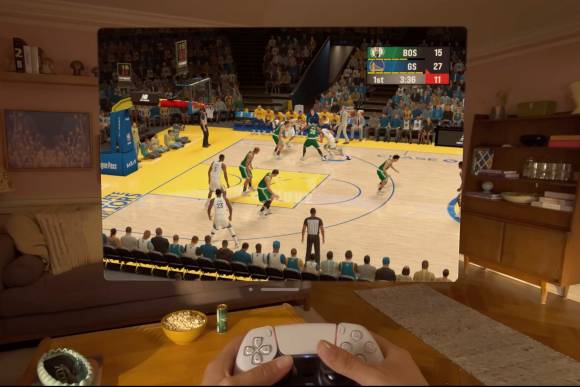 Ein Spiel wird auf einem virtuellen Display mithilfe eines Playstation-Controllers gesteuert