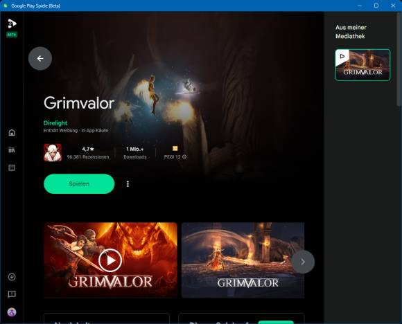 Das Play-Games-Fenster zeigt das installierte Spiel Grimvalor