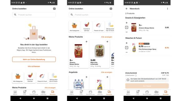 Screenshots aus der Migros-App 