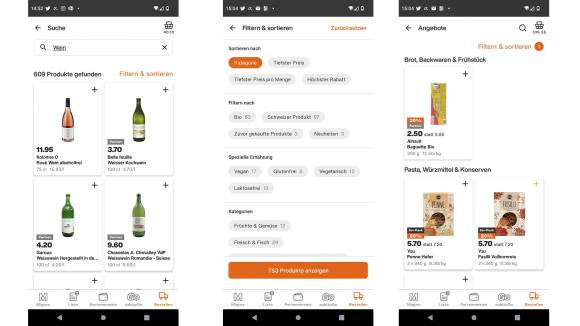 Screenshots zeigen Weinangebot und die Filter (z. B vegan oder glutenfrei)