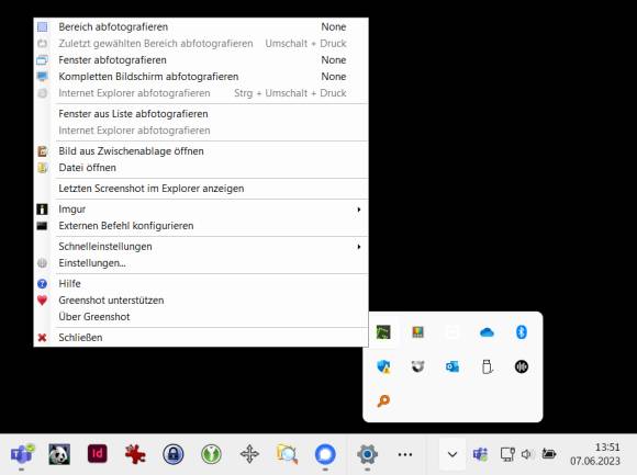 Das Greenshot-Symbol im Infobereich und das Menü zum Öffnen der Einstellungen