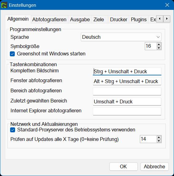 Legen Sie die Tastenkombinationen fest Die Greenshot-Tastenkombinations-Einstellungen