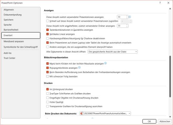 Die PowerPoint-Optionen, unter Anderem mit "Mit schwarzer Folie beenden"