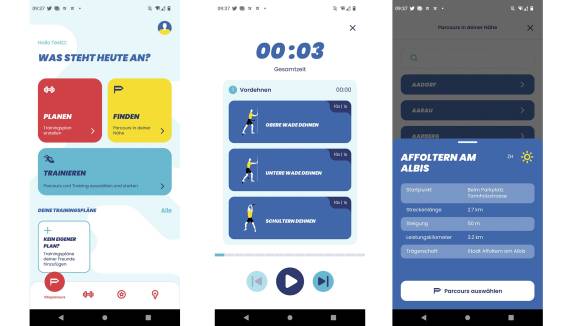 Drei Screenshots aus der Android-App Zurich Vitaparcours 