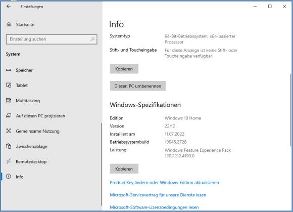 Die genaue Windows-Version in den Einstellungen