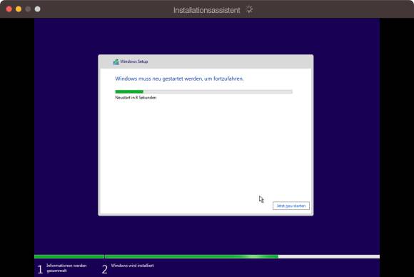 Die Windows-Installation läuft in einem eigenen Fenster