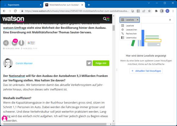 Die Chrome Seitenleiste, jetzt mit dem Menüpunkt Lesemodus