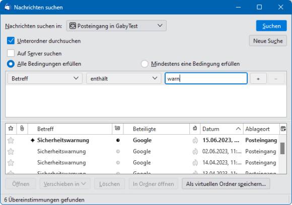 Screenshot der Thunderbird-Suche