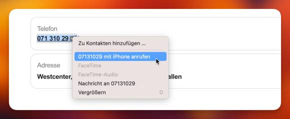 Eine markierte Telefonnummer kann direkt angerufen werden