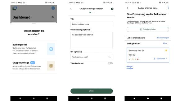 Drei Screenshots zeigen das Erstellen der Umfrage in der Doodle-App