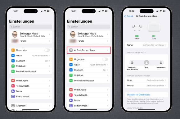 Drei iPhones zeigen den Weg zu den Einstellungen