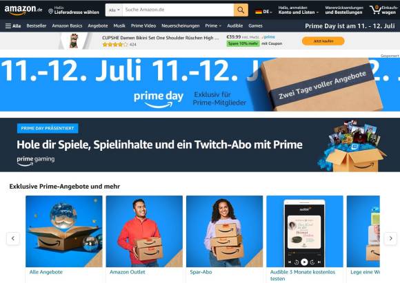 Banner zeigt Prime-Day-Event-Ankündigung und Produktkategorien