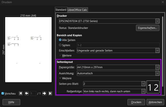 Libre Office Calc Druckeinstellungen 