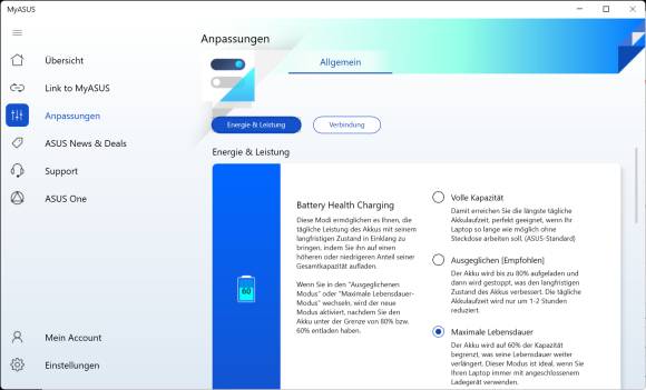 Screenshot der MyAsus-App mit der Batterie-Einstellung