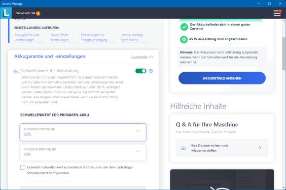 Screenshot Lenovo Vantage mit den Akku-Einstellungen