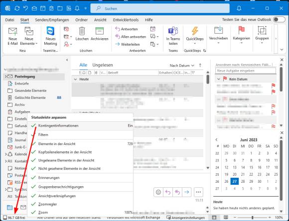 Outlook-Screenshot zeigt Kontextmenü und eingeblendetes Kontingentfeld