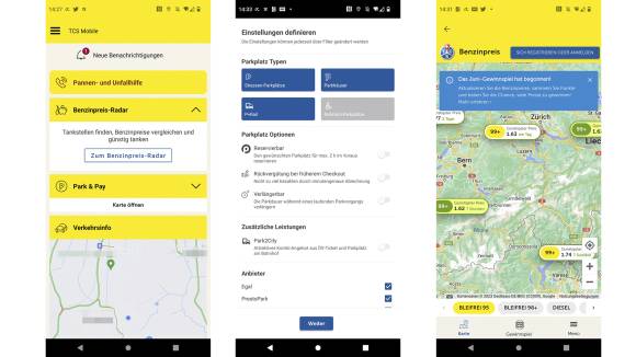 Drei Screenshots aus der TCS-App 