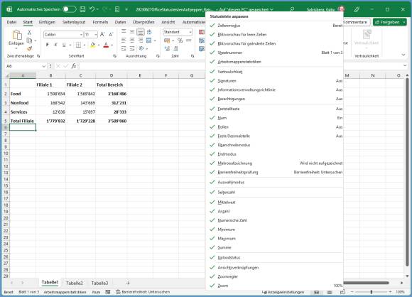 Excel-Screenshot. Im Kontextmenü erscheinen alle einblendbaren Elemente