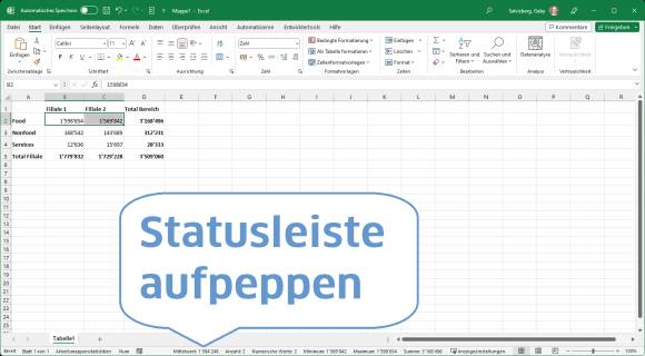 Excel-Screenshot und der Schriftzug: Statusleiste aufpeppen 