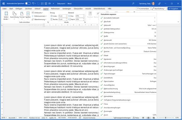 Word-Screenshot mit Statusleisten-Kontextmenü 