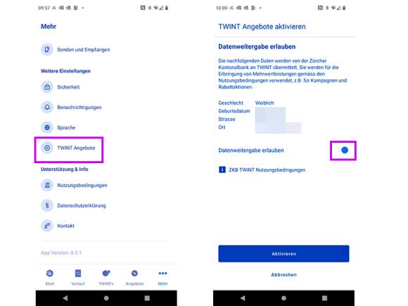 ZKB-Twint-App mit deaktivierter Datenweitergabe