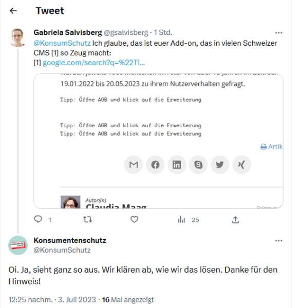 Screenshot der Twitter-Antwort des Konsumentenschutzes