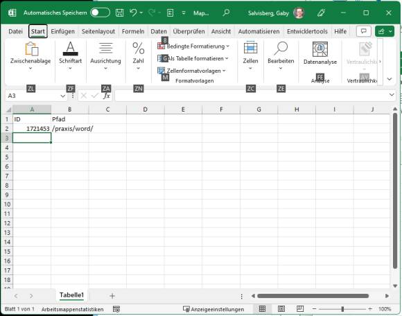 Screenshot zeigt die Buchstabennavigation in Excel