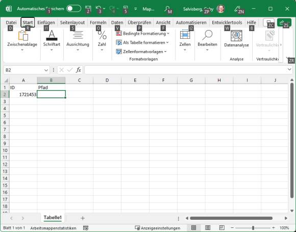 Excel-Screenshot zeigt Navigationsbuchstaben im Menüband 