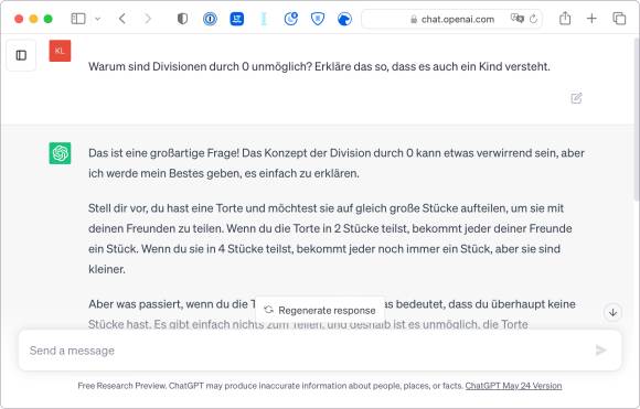 Ein Browser-Fenster, in dem ChatGPT erklärt, warum eine Division durch Null unmöglich ist