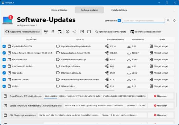 Screenshot zeigt die Software-Updates in Win Get UI