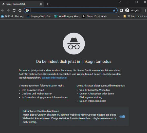 Screenshot zeigt den Inkognito-Modus in Google Chrome