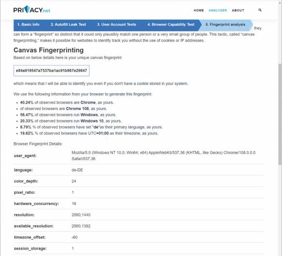 Screenshot zeigt Fingerprint-Prüfung des Browsers