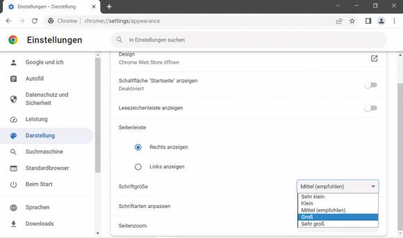 Schriftgrössen-Einstellungen in Google Chrome