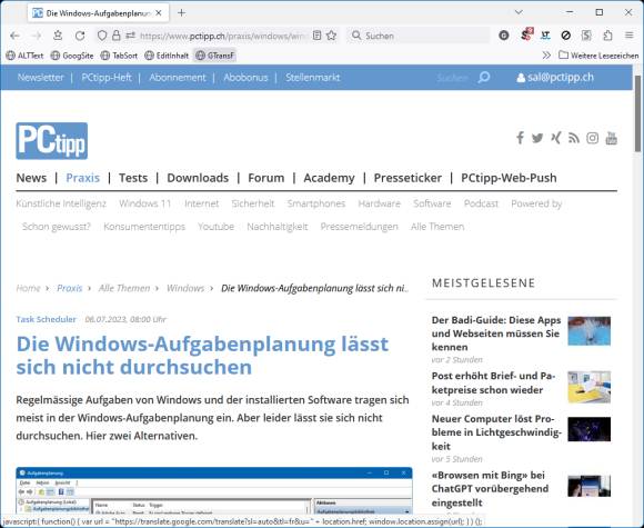 Ein PCtipp-Artikel. Oben in der Lesezeichenleiste befindet sich das Bookmarklet